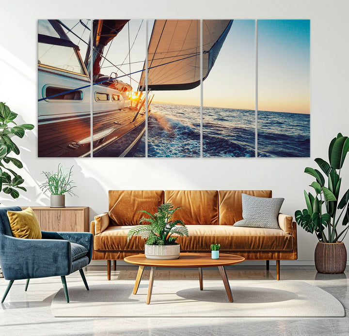 Sailboat Win on the Ocean Sunset Wall Art Canvas Print