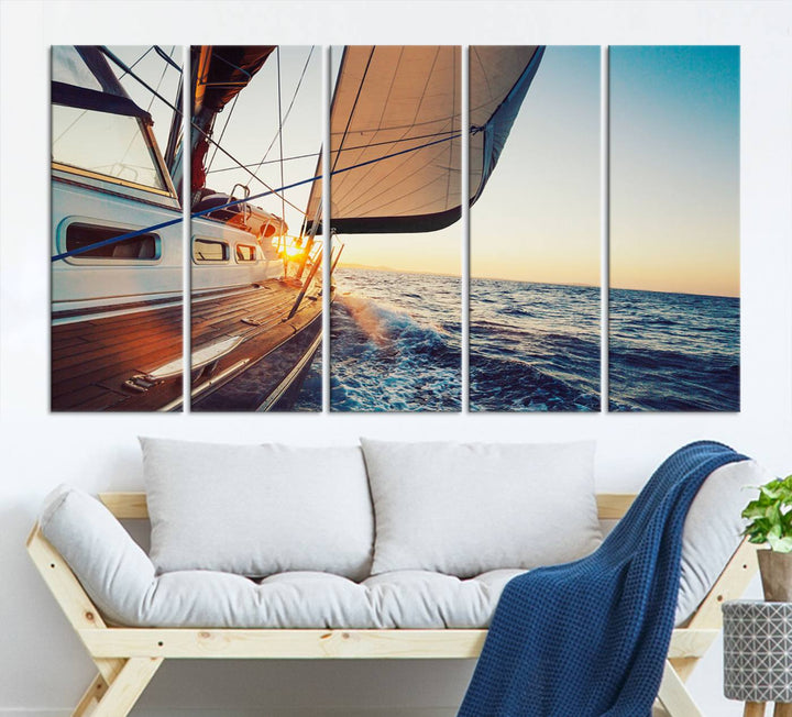 Sailboat Win on the Ocean Sunset Wall Art Canvas Print