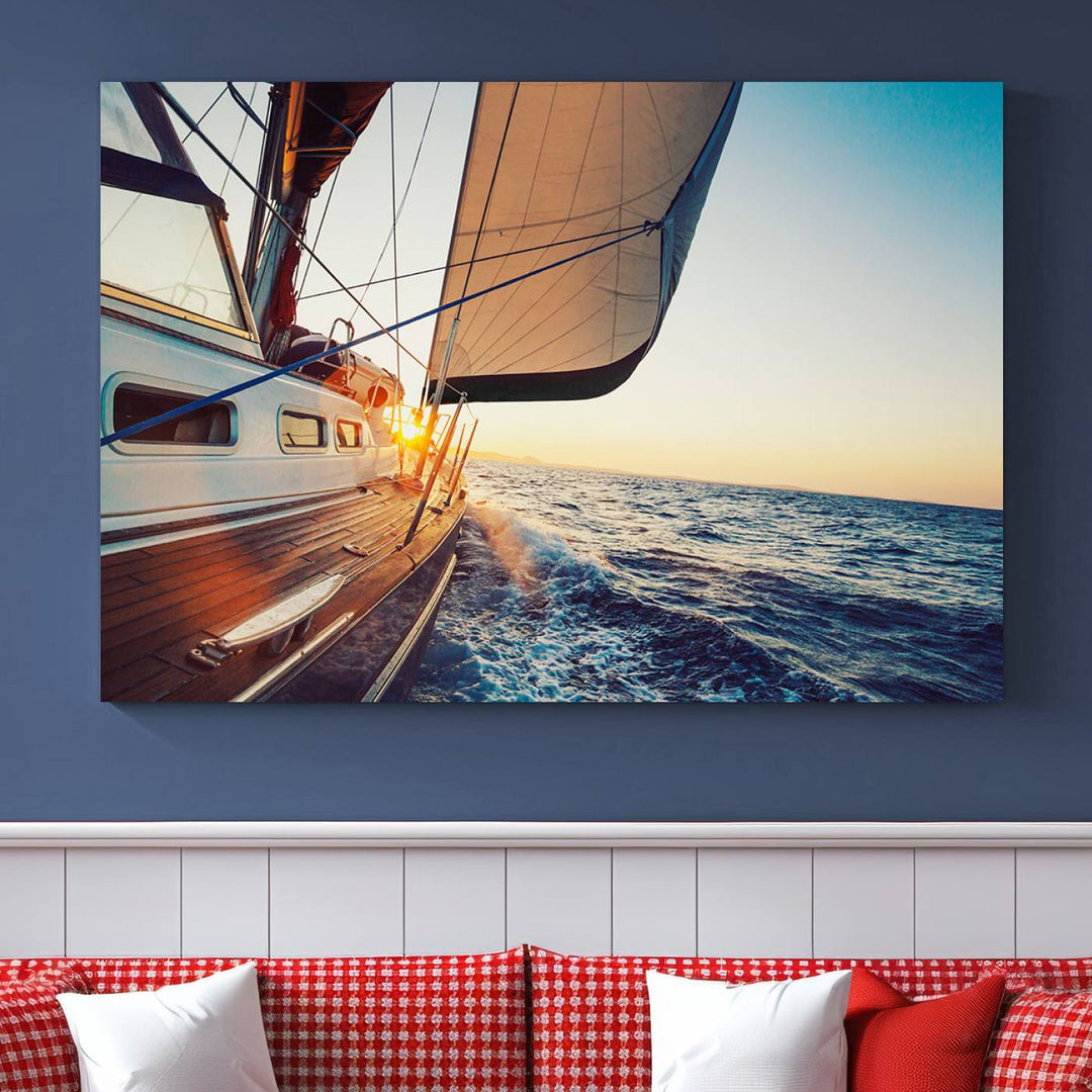 Sailboat Win on the Ocean Sunset Wall Art Canvas Print