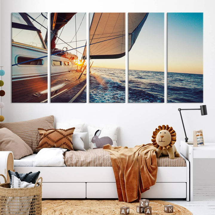 Sailboat Win on the Ocean Sunset Wall Art Canvas Print