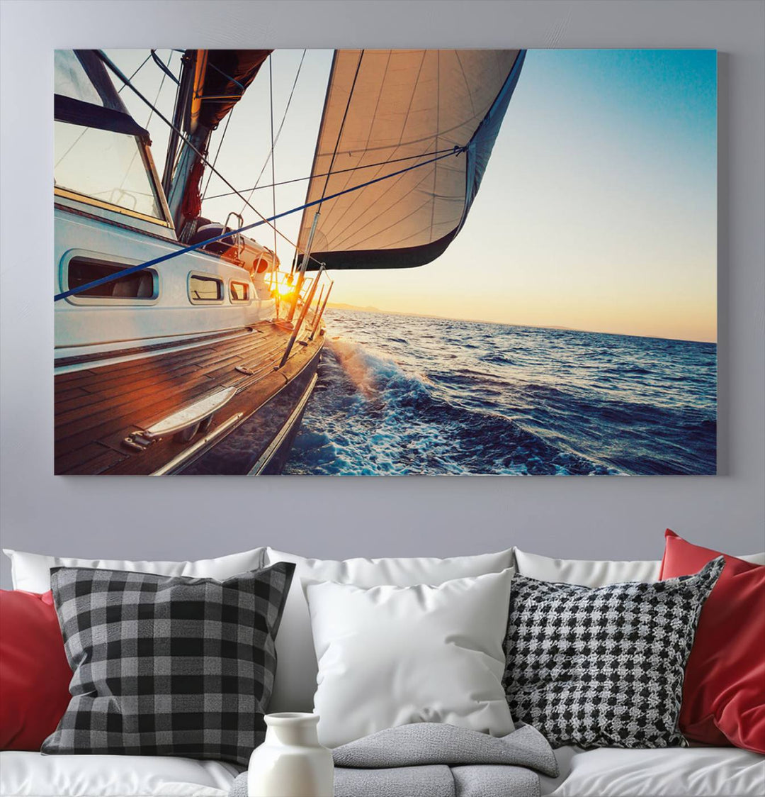 Sailboat Win on the Ocean Sunset Wall Art Canvas Print