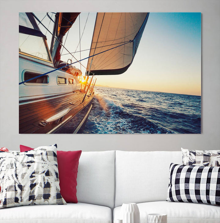 Sailboat Win on the Ocean Sunset Wall Art Canvas Print