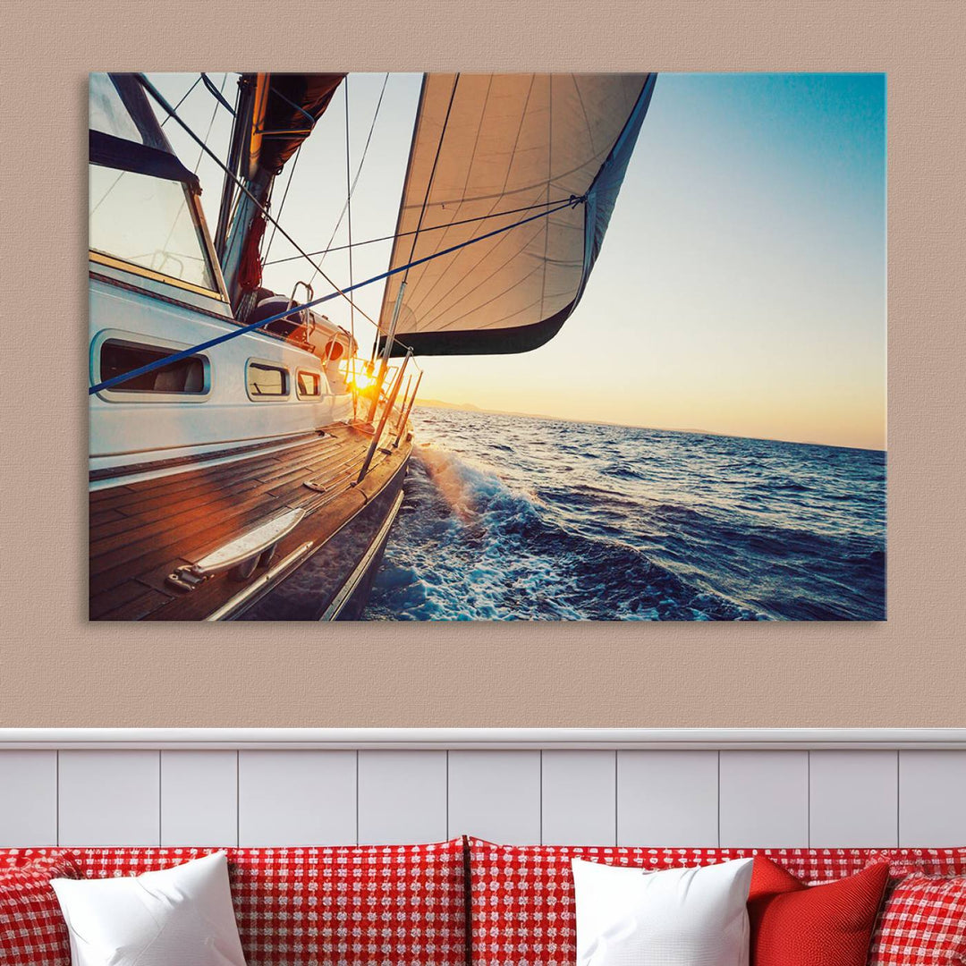 Sailboat Win on the Ocean Sunset Wall Art Canvas Print