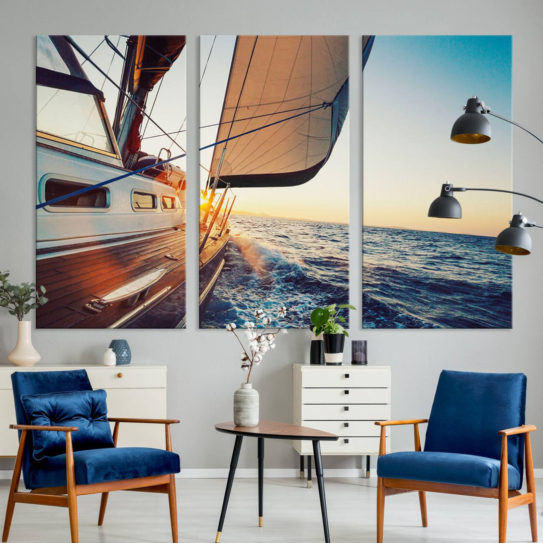 Sailboat Win on the Ocean Sunset Wall Art Canvas Print