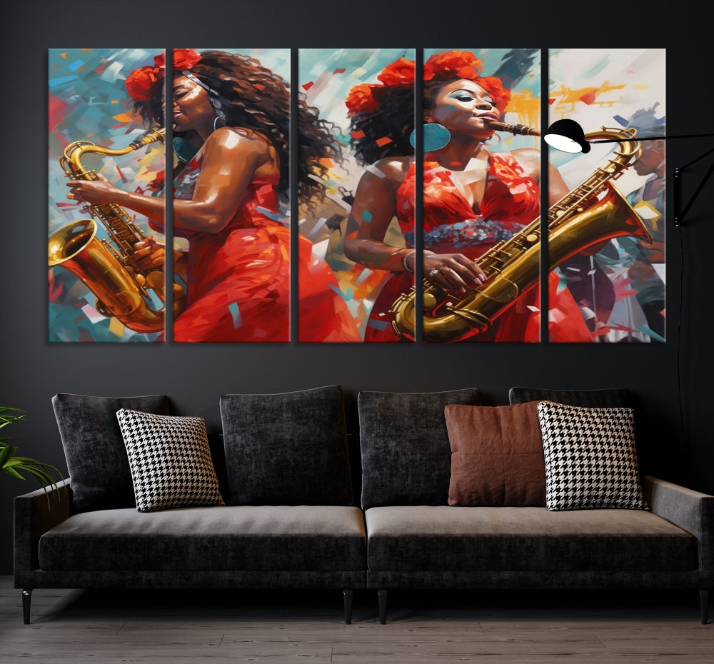 Saxophone Music Wall Art, Jazz Canvas Print, African American Woman Painting, Set of Print