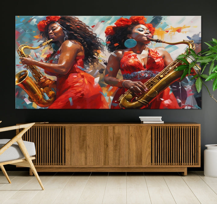 Saxophone Music Wall Art, Jazz Canvas Print, African American Woman Painting, Set of Print