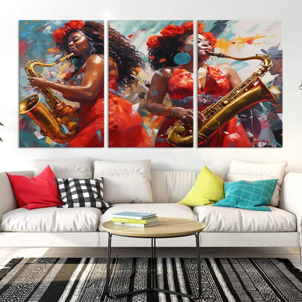 Saxophone Music Wall Art, Jazz Canvas Print, African American Woman Painting, Set of Print