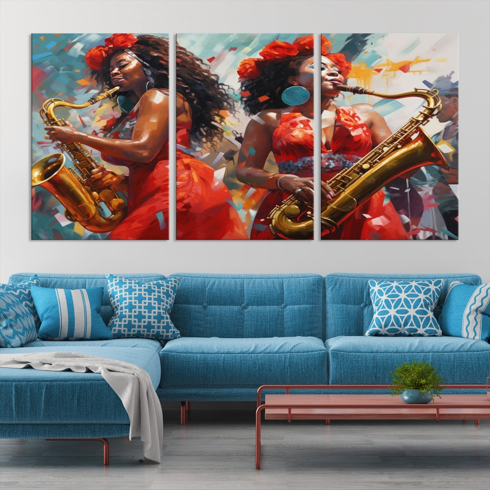 Saxophone Music Wall Art, Jazz Canvas Print, African American Woman Painting, Set of Print