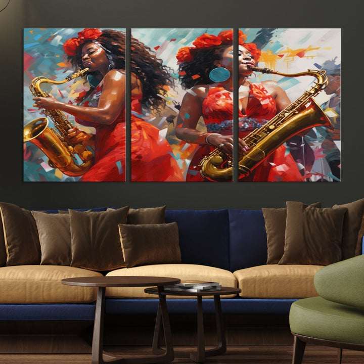 Saxophone Music Wall Art, Jazz Canvas Print, African American Woman Painting, Set of Print