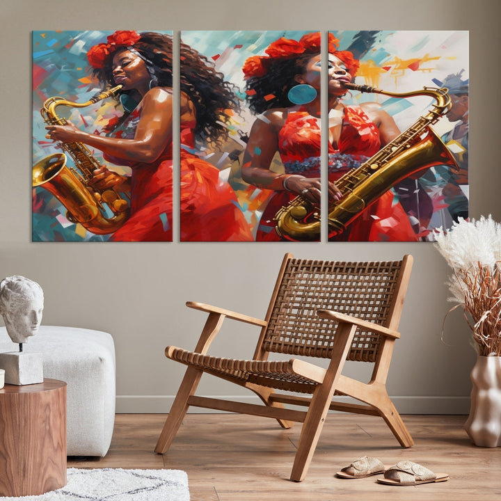 Saxophone Music Wall Art, Jazz Canvas Print, African American Woman Painting, Set of Print