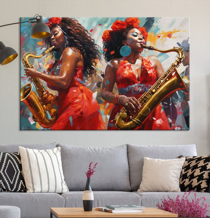 Saxophone Music Wall Art, Jazz Canvas Print, African American Woman Painting, Set of Print