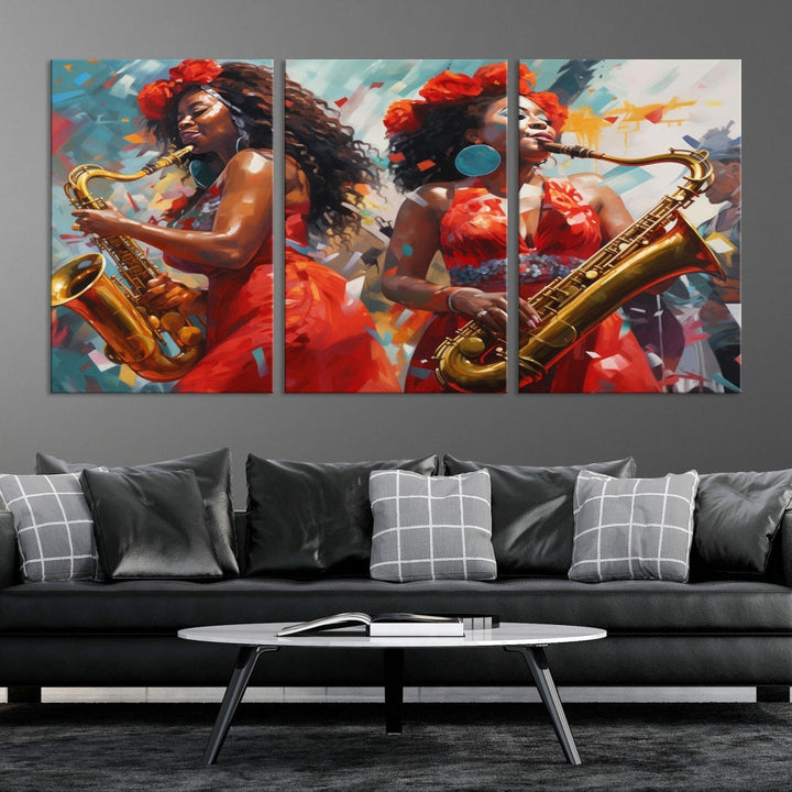 Saxophone Music Wall Art, Jazz Canvas Print, African American Woman Painting, Set of Print