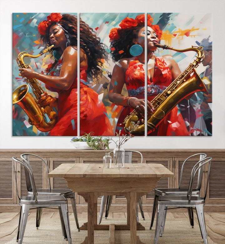 Saxophone Music Wall Art, Jazz Canvas Print, African American Woman Painting, Set of Print