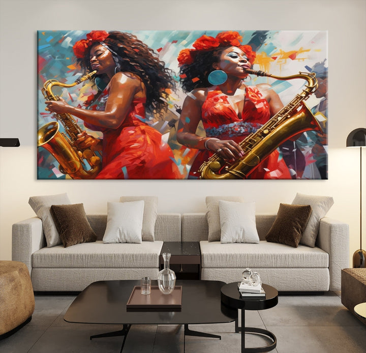 Saxophone Music Wall Art, Jazz Canvas Print, African American Woman Painting, Set of Print