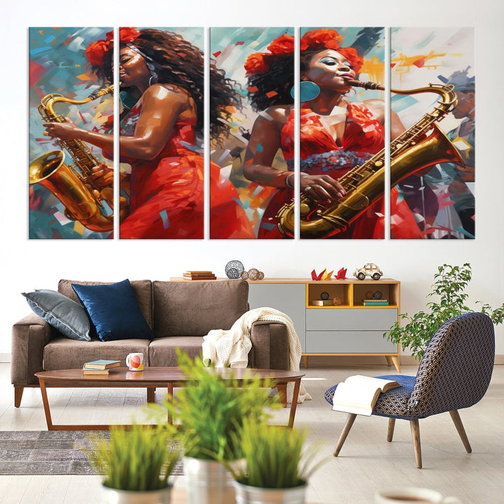 Saxophone Music Wall Art, Jazz Canvas Print, African American Woman Painting, Set of Print