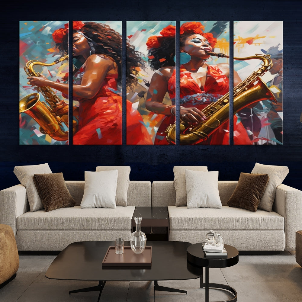 Saxophone Music Wall Art, Jazz Canvas Print, African American Woman Painting, Set of Print