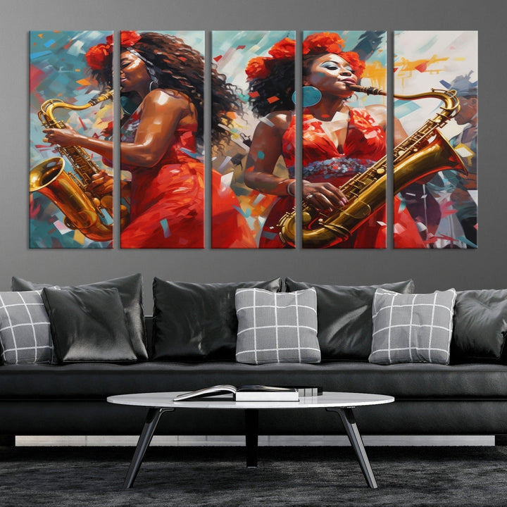 Saxophone Music Wall Art, Jazz Canvas Print, African American Woman Painting, Set of Print