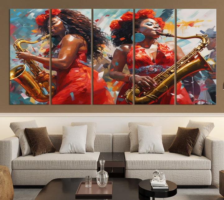 Saxophone Music Wall Art, Jazz Canvas Print, African American Woman Painting, Set of Print