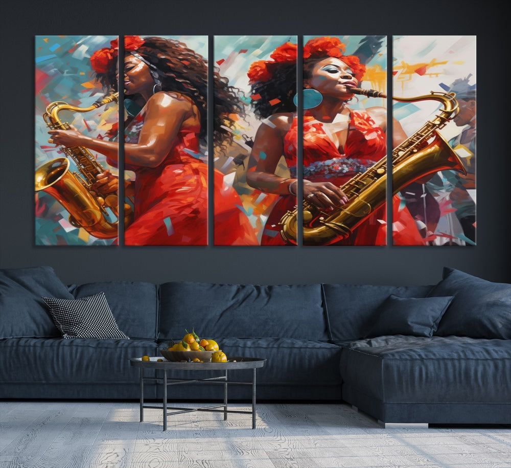 Saxophone Music Wall Art, Jazz Canvas Print, African American Woman Painting, Set of Print