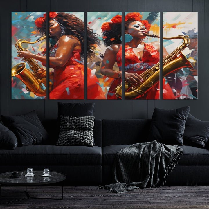 Saxophone Music Wall Art, Jazz Canvas Print, African American Woman Painting, Set of Print