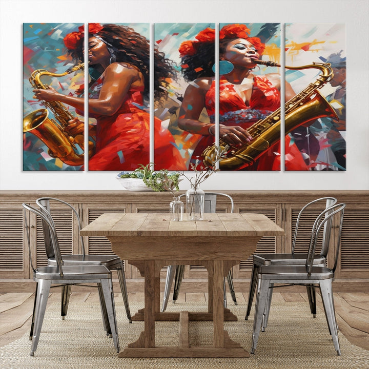 Saxophone Music Wall Art, Jazz Canvas Print, African American Woman Painting, Set of Print