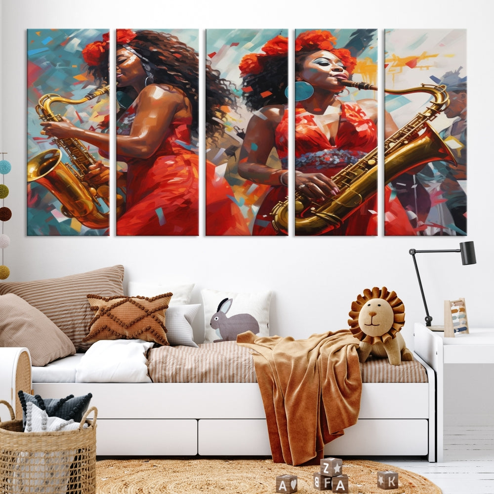 Saxophone Music Wall Art, Jazz Canvas Print, African American Woman Painting, Set of Print