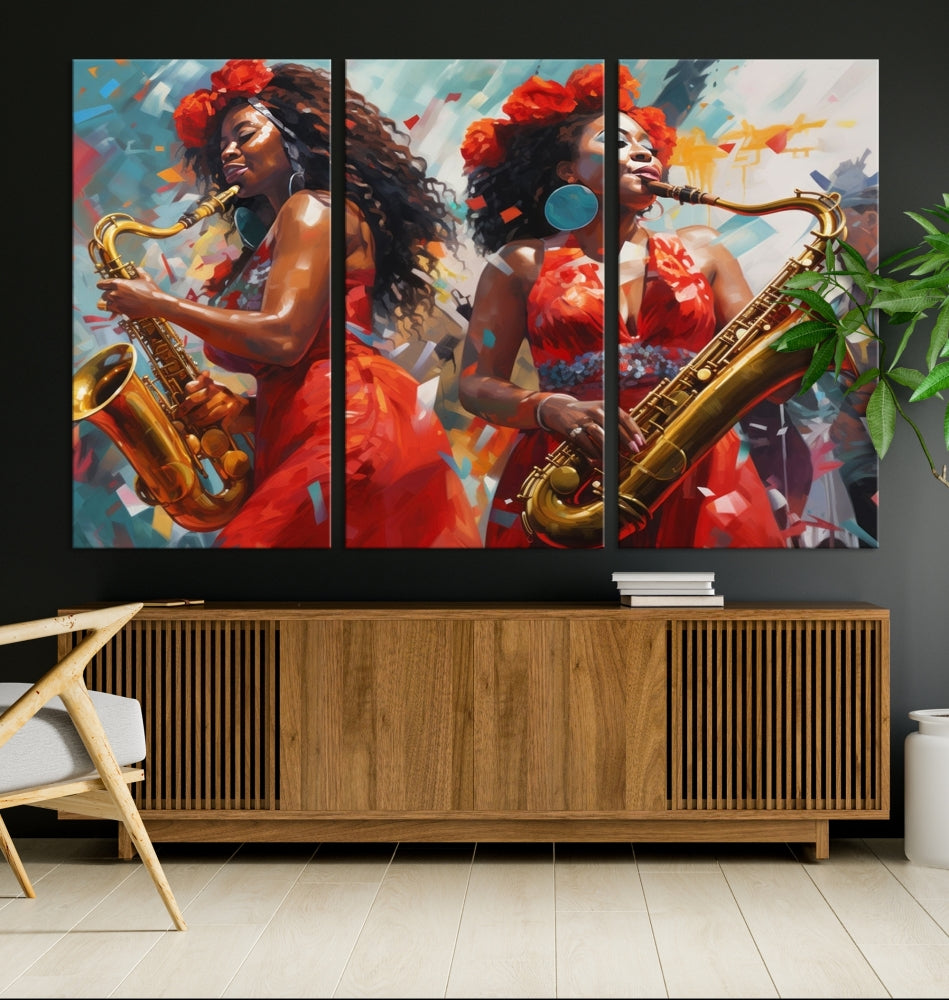 Saxophone Music Wall Art, Jazz Canvas Print, African American Woman Painting, Set of Print