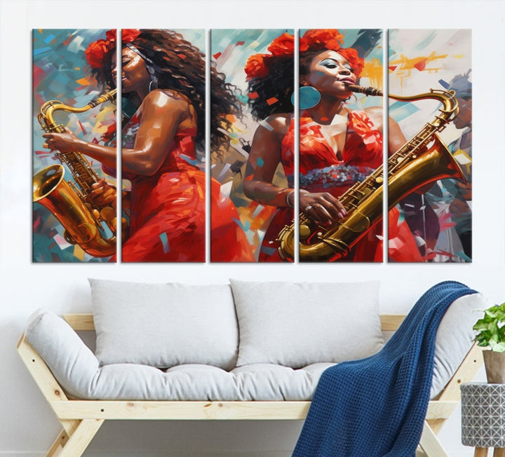 Saxophone Music Wall Art, Jazz Canvas Print, African American Woman Painting, Set of Print