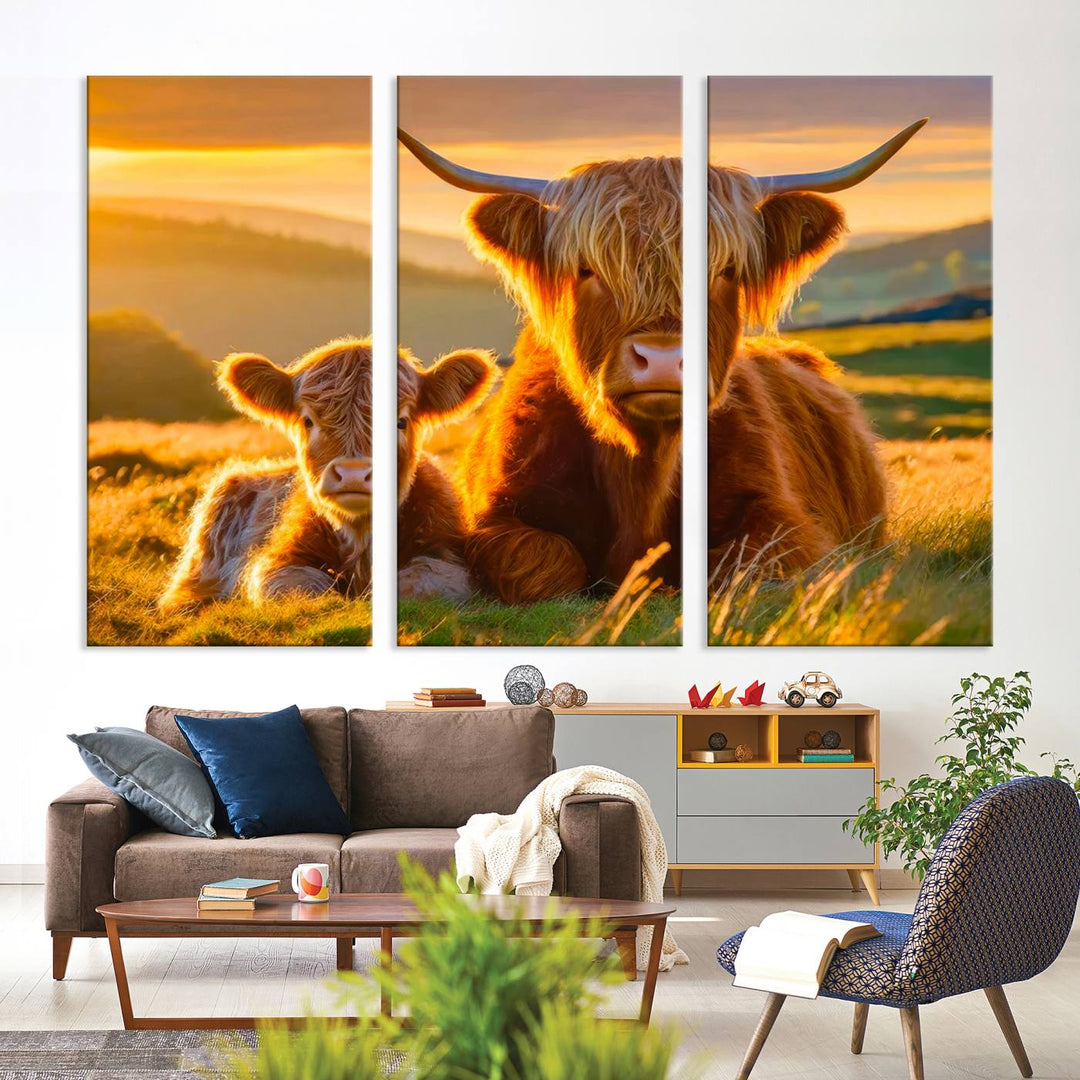 Scottish Cow and Baby Cow Canvas Wall Art Animal Print Fluffy Cattle Framed Farmhouse Decor