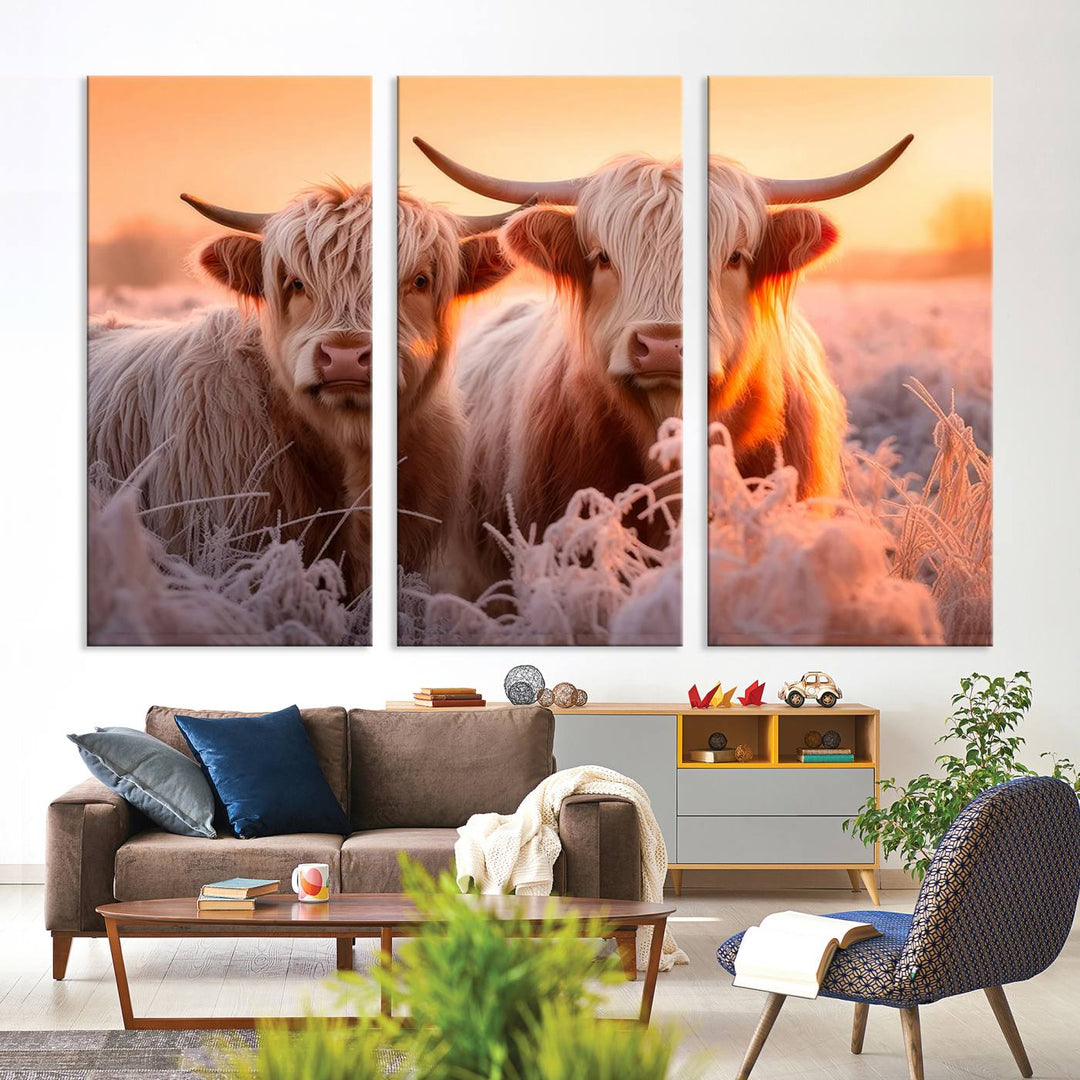 Scottish Cow and Baby Cow Canvas Wall Art Animal Print Fluffy Cattle Framed Farmhouse Decor