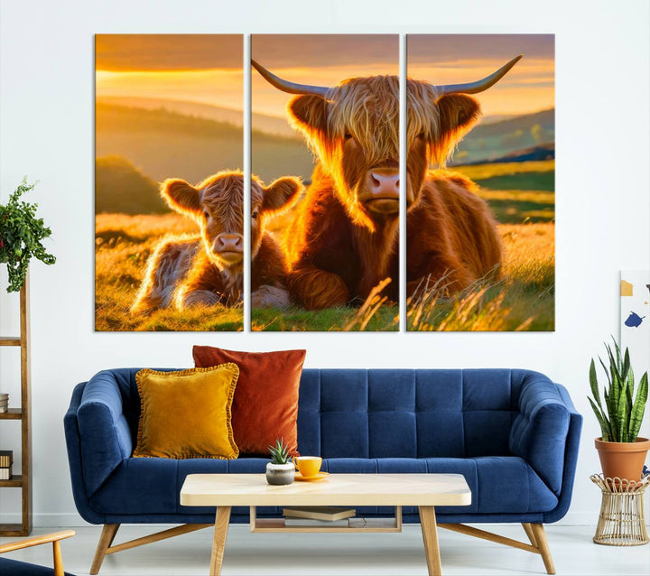 Scottish Cow and Baby Cow Canvas Wall Art Animal Print Fluffy Cattle Framed Farmhouse Decor