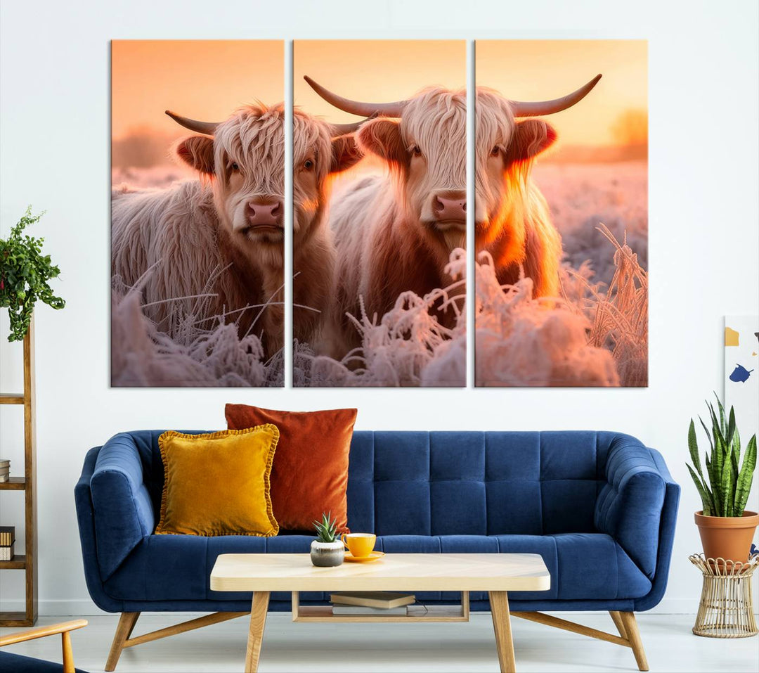 Scottish Cow and Baby Cow Canvas Wall Art Animal Print Fluffy Cattle Framed Farmhouse Decor