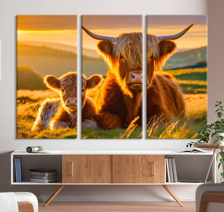 Scottish Cow and Baby Cow Canvas Wall Art Animal Print Fluffy Cattle Framed Farmhouse Decor