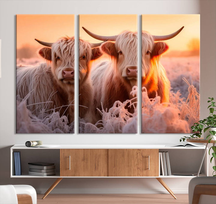 Scottish Cow and Baby Cow Canvas Wall Art Animal Print Fluffy Cattle Framed Farmhouse Decor