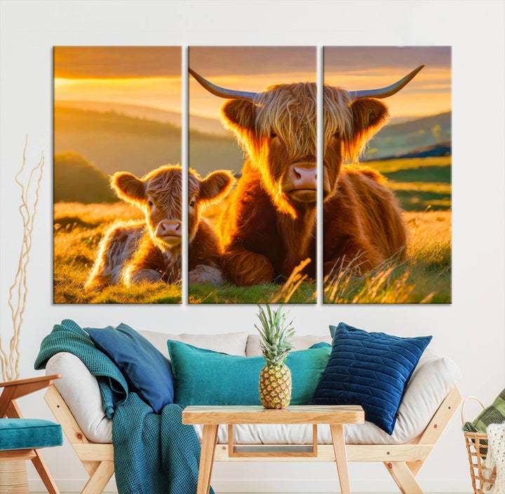 Scottish Cow and Baby Cow Canvas Wall Art Animal Print Fluffy Cattle Framed Farmhouse Decor