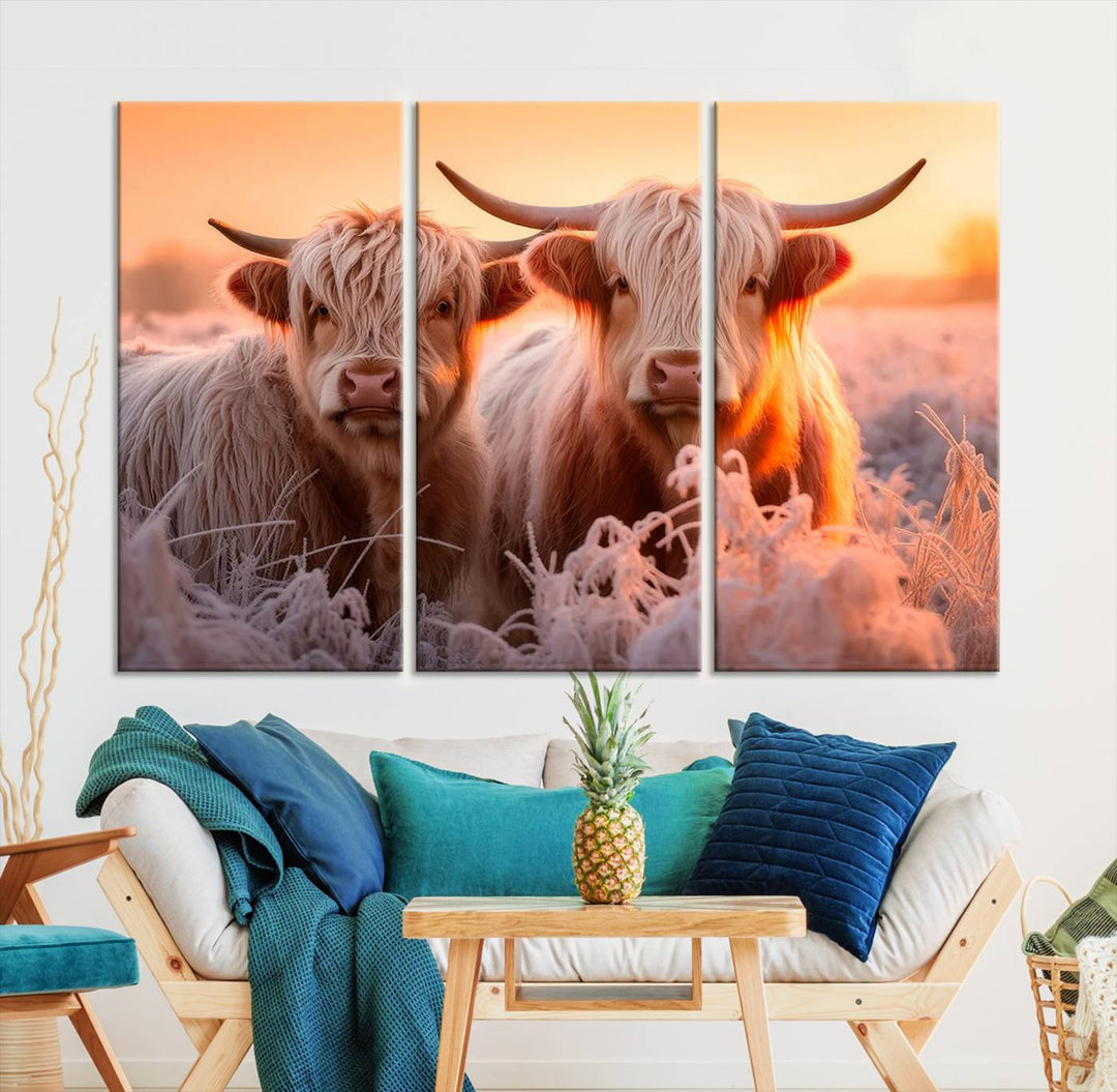 Scottish Cow and Baby Cow Canvas Wall Art Animal Print Fluffy Cattle Framed Farmhouse Decor