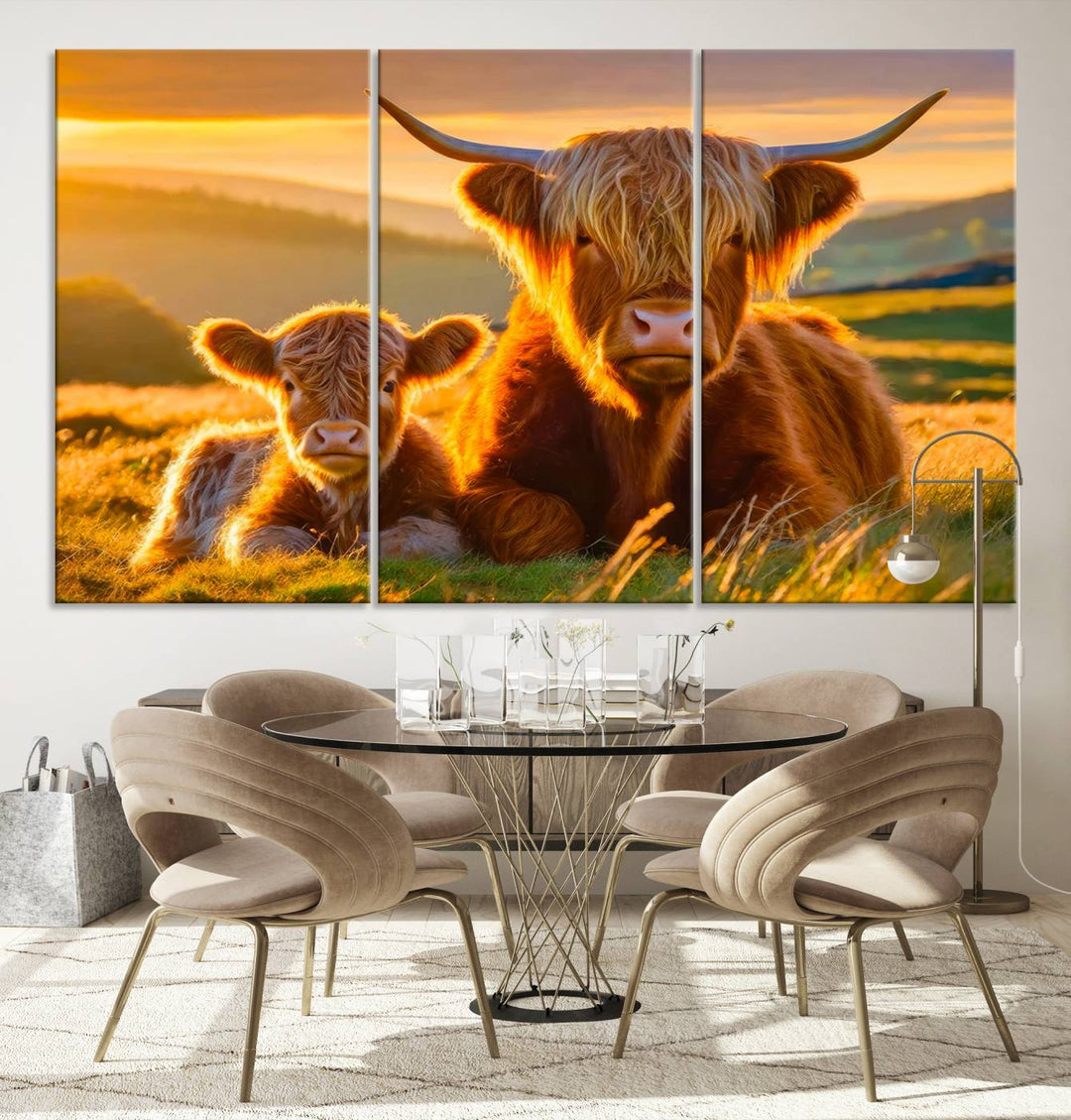 Scottish Cow and Baby Cow Canvas Wall Art Animal Print Fluffy Cattle Framed Farmhouse Decor