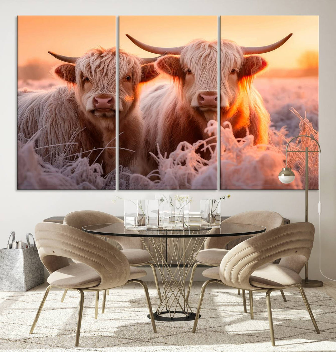 Scottish Cow and Baby Cow Canvas Wall Art Animal Print Fluffy Cattle Framed Farmhouse Decor