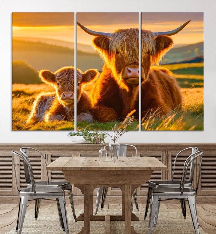 Scottish Cow and Baby Cow Canvas Wall Art Animal Print Fluffy Cattle Framed Farmhouse Decor