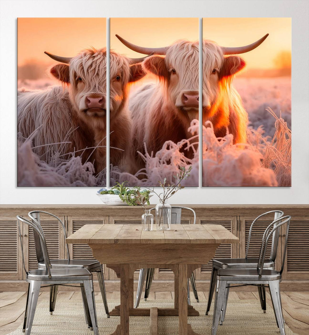 Scottish Cow and Baby Cow Canvas Wall Art Animal Print Fluffy Cattle Framed Farmhouse Decor