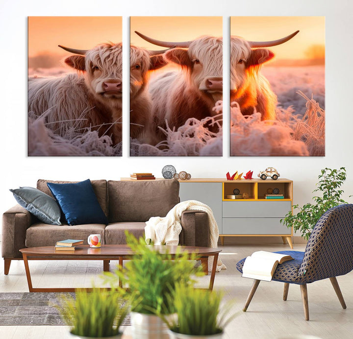 Scottish Cow and Baby Cow Canvas Wall Art Animal Print Fluffy Cattle Framed Farmhouse Decor