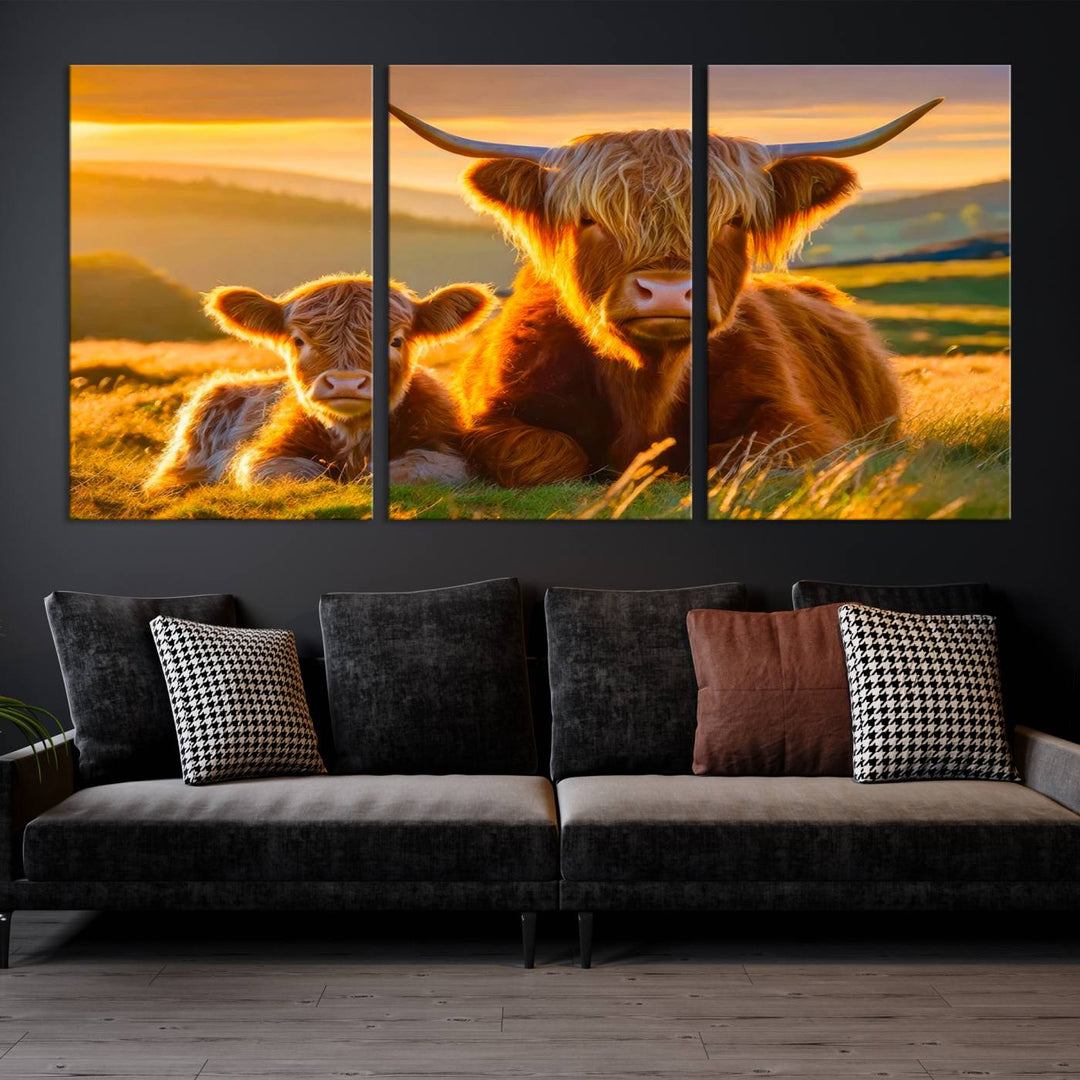 Scottish Cow and Baby Cow Canvas Wall Art Animal Print Fluffy Cattle Framed Farmhouse Decor