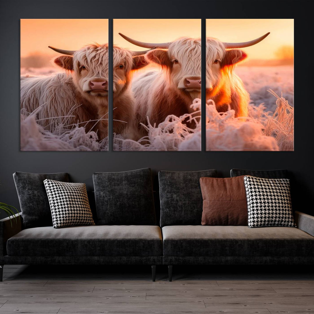 Scottish Cow and Baby Cow Canvas Wall Art Animal Print Fluffy Cattle Framed Farmhouse Decor