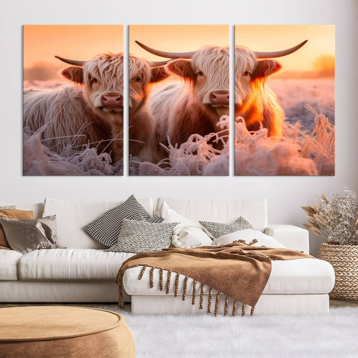 Scottish Cow and Baby Cow Canvas Wall Art Animal Print Fluffy Cattle Framed Farmhouse Decor