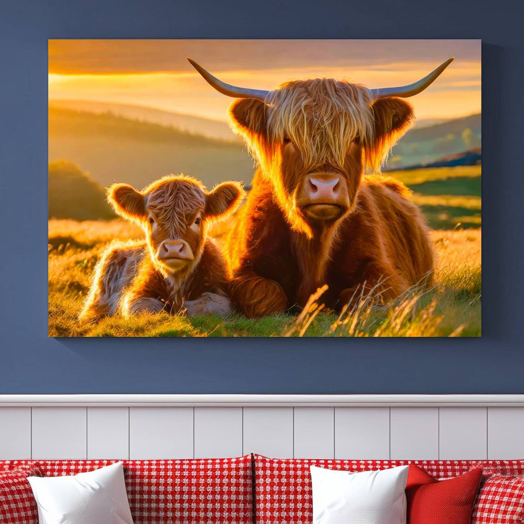 Scottish Cow and Baby Cow Canvas Wall Art Animal Print Fluffy Cattle Framed Farmhouse Decor