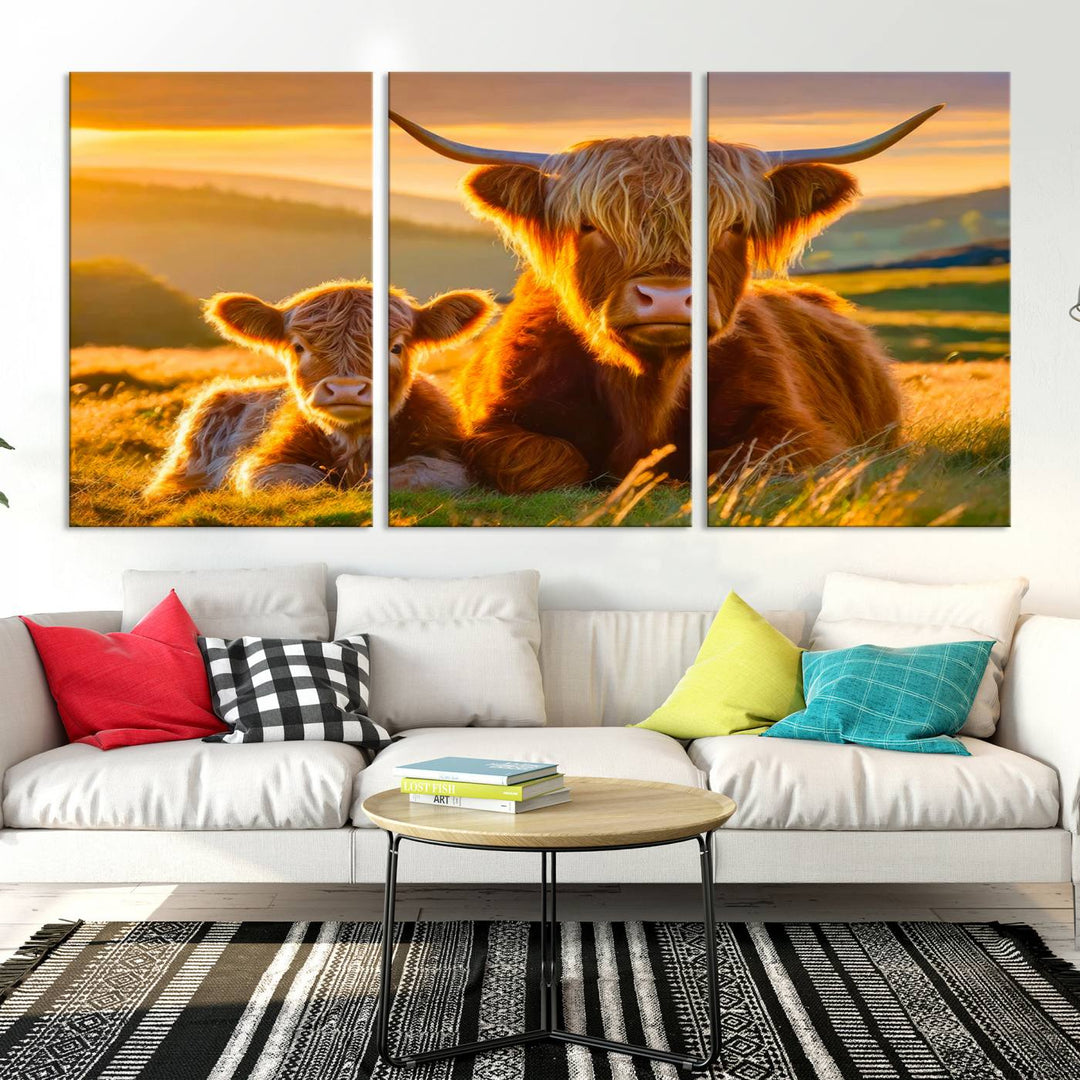 Scottish Cow and Baby Cow Canvas Wall Art Animal Print Fluffy Cattle Framed Farmhouse Decor