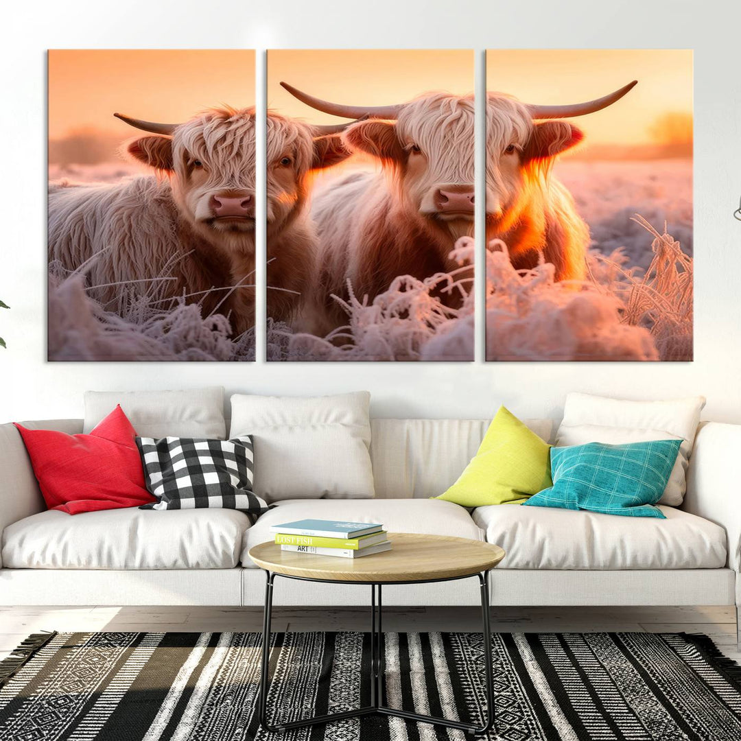 Scottish Cow and Baby Cow Canvas Wall Art Animal Print Fluffy Cattle Framed Farmhouse Decor