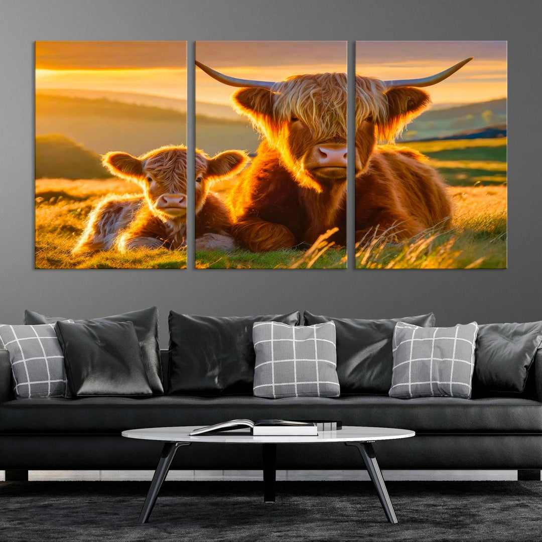 Scottish Cow and Baby Cow Canvas Wall Art Animal Print Fluffy Cattle Framed Farmhouse Decor