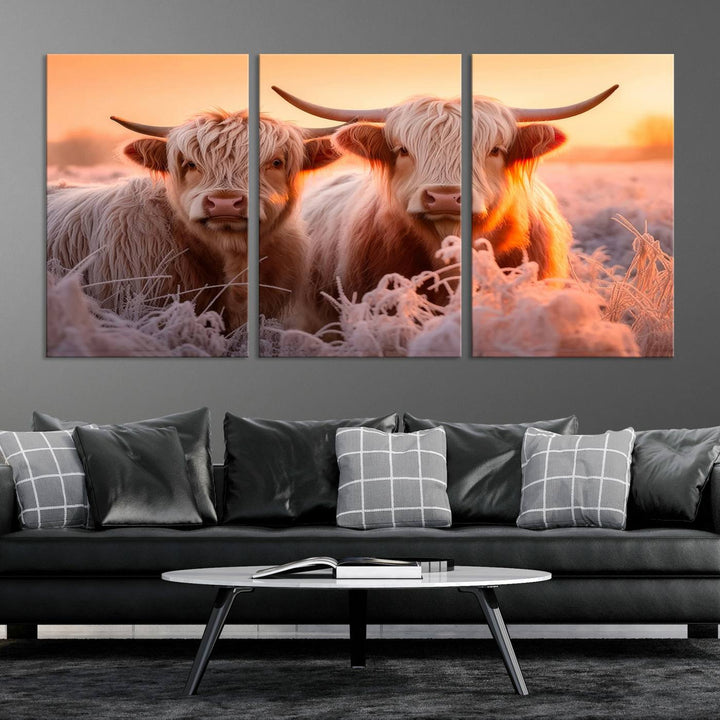 Scottish Cow and Baby Cow Canvas Wall Art Animal Print Fluffy Cattle Framed Farmhouse Decor