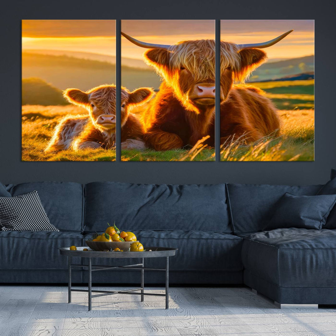 Scottish Cow and Baby Cow Canvas Wall Art Animal Print Fluffy Cattle Framed Farmhouse Decor